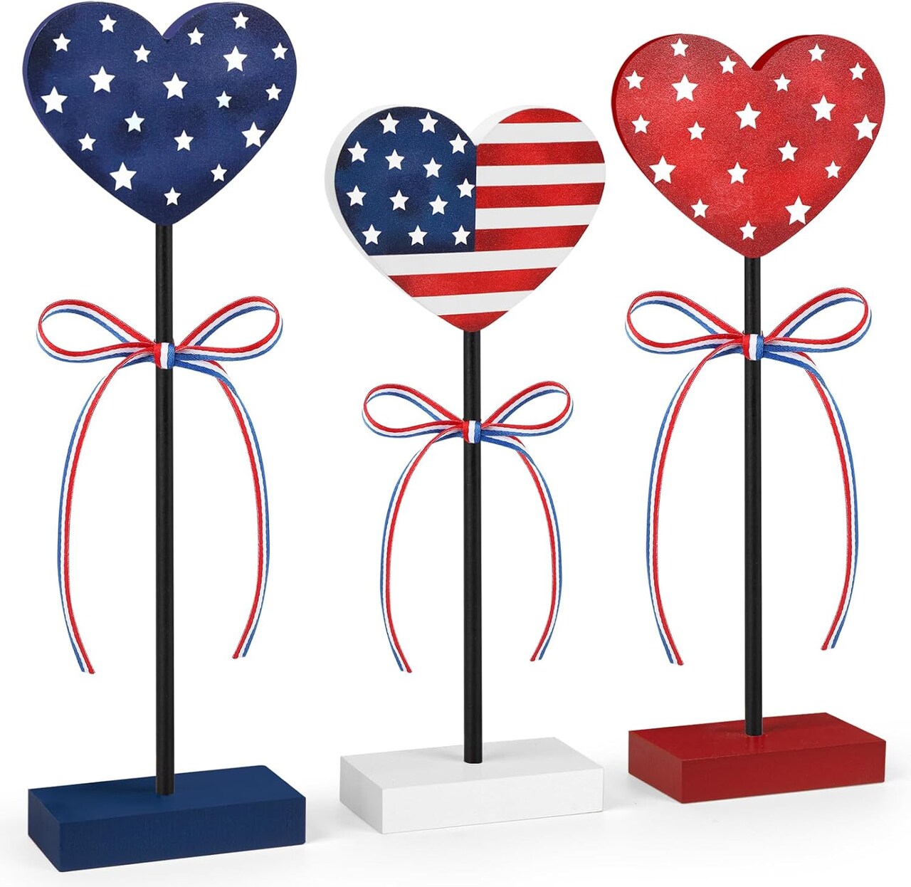 4th of July Tiered Tray Decor Wooden Love Set – 3 PCS Rustic Patriotic Table Decorations for Labor Day, Veterans Day, Independence Day, Red White & Blue Home Décor (Retro)